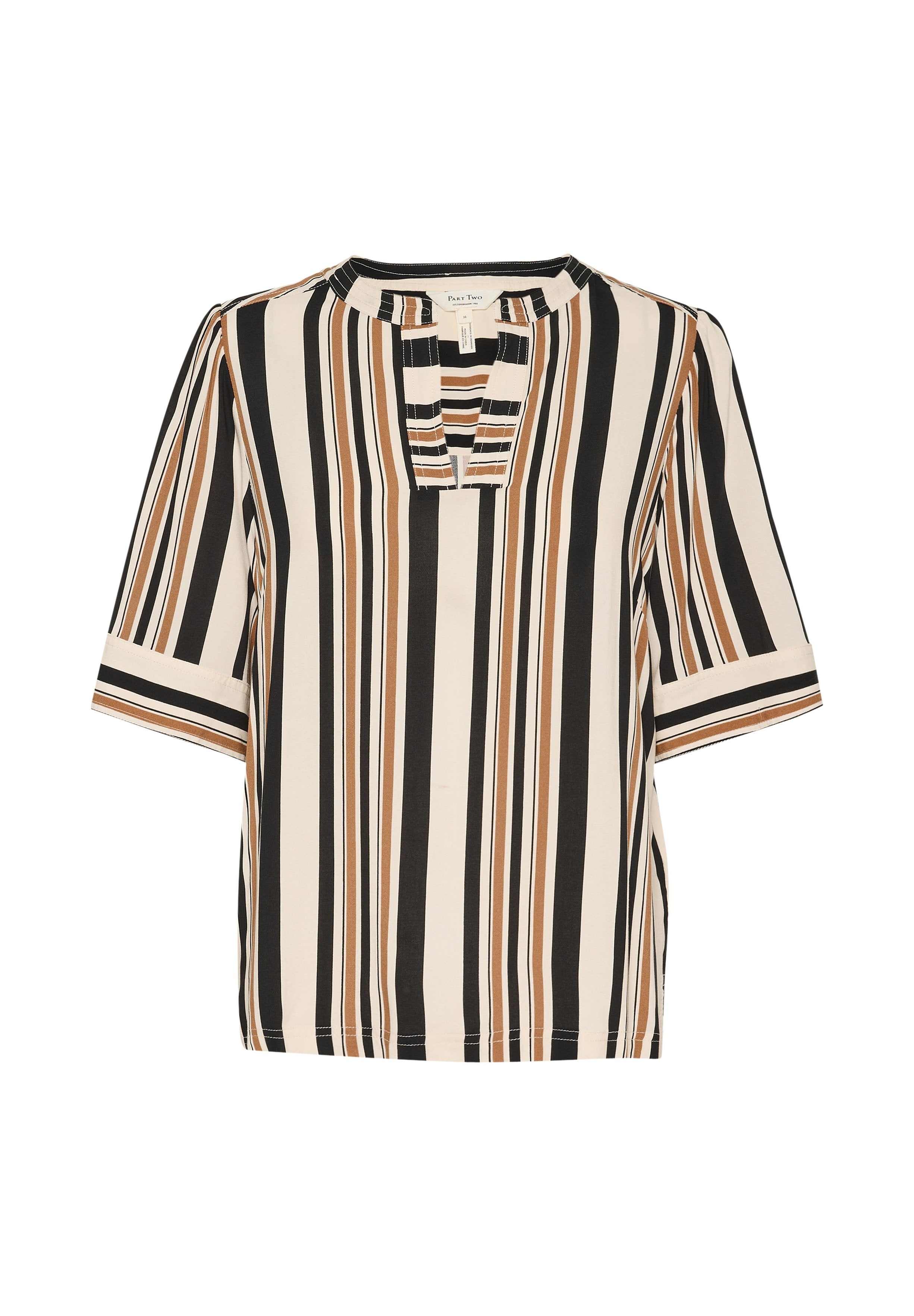 Gestreifte Bluse in Creme, Braun und Schwarz. Kurze Ärmel, runder Halsausschnitt mit einem Schlitz und lockerer Passform. Glattes, leichtes Material.