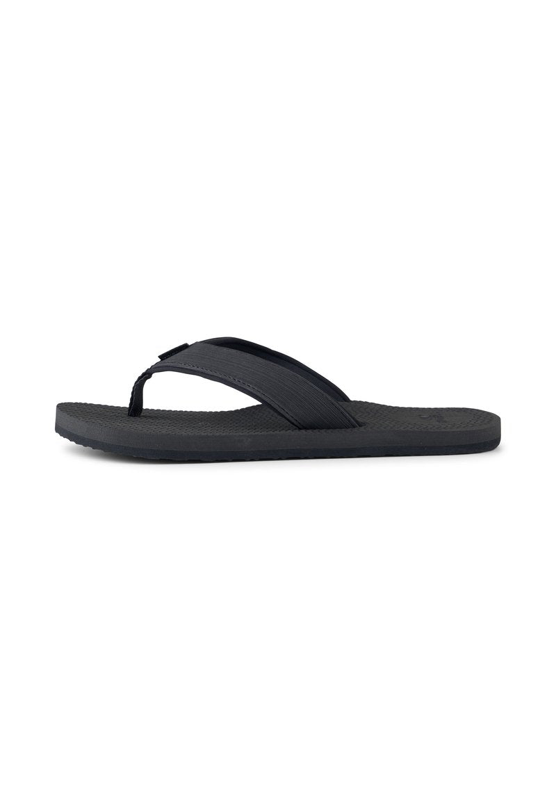 Schwarze Flip-Flop-Sandale mit einer strukturierten Gummisohle, einem breiten Riemen und Zehensteg-Design. Langlebiges Material mit minimalistischem Design.