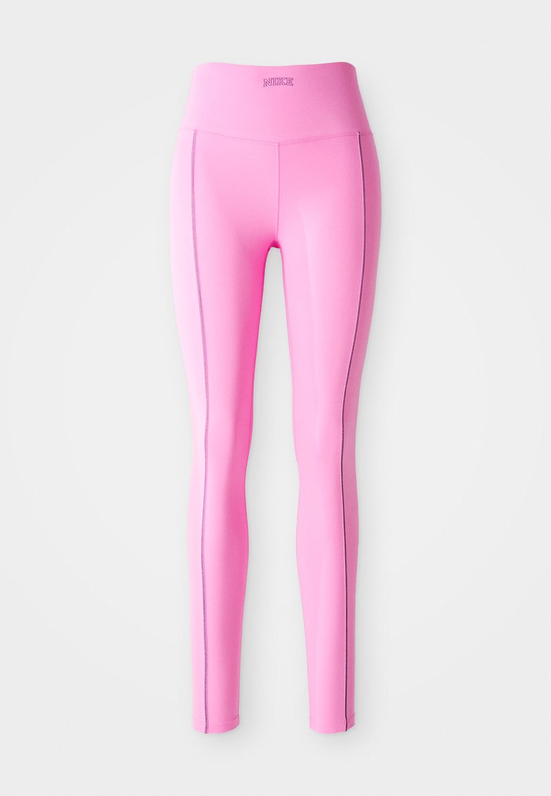 Eng anliegende pinke Leggings aus dehnbarem Stoff, mit hohem Bund und kontrastierenden Seitennähten. Glatte Textur und keine sichtbaren Muster.