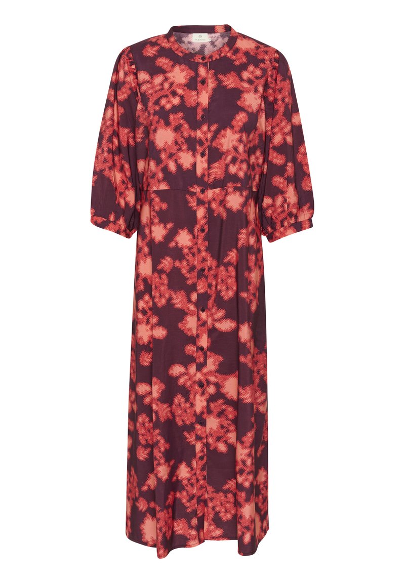 Blumenmuster-Kleid mit kurzen Puffärmeln, Kragen und durchgehender Knopfleiste. Die Farben umfassen dunkles Rot und leuchtende Korallenakzente.