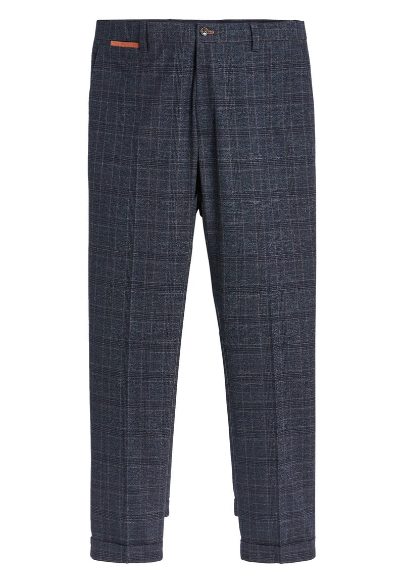 Marineblau karierte Hose aus gewebtem Stoff, mit einem Knopfverschluss und einer kontrastierenden Akzenttasche auf der linken Vorderseite.