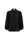 Schwarze Bluse mit Knopfleiste, Kragen, langen puffärmel und einer weichen Textur. Hat einen geraden Schnitt und einen subtilen Glanz.