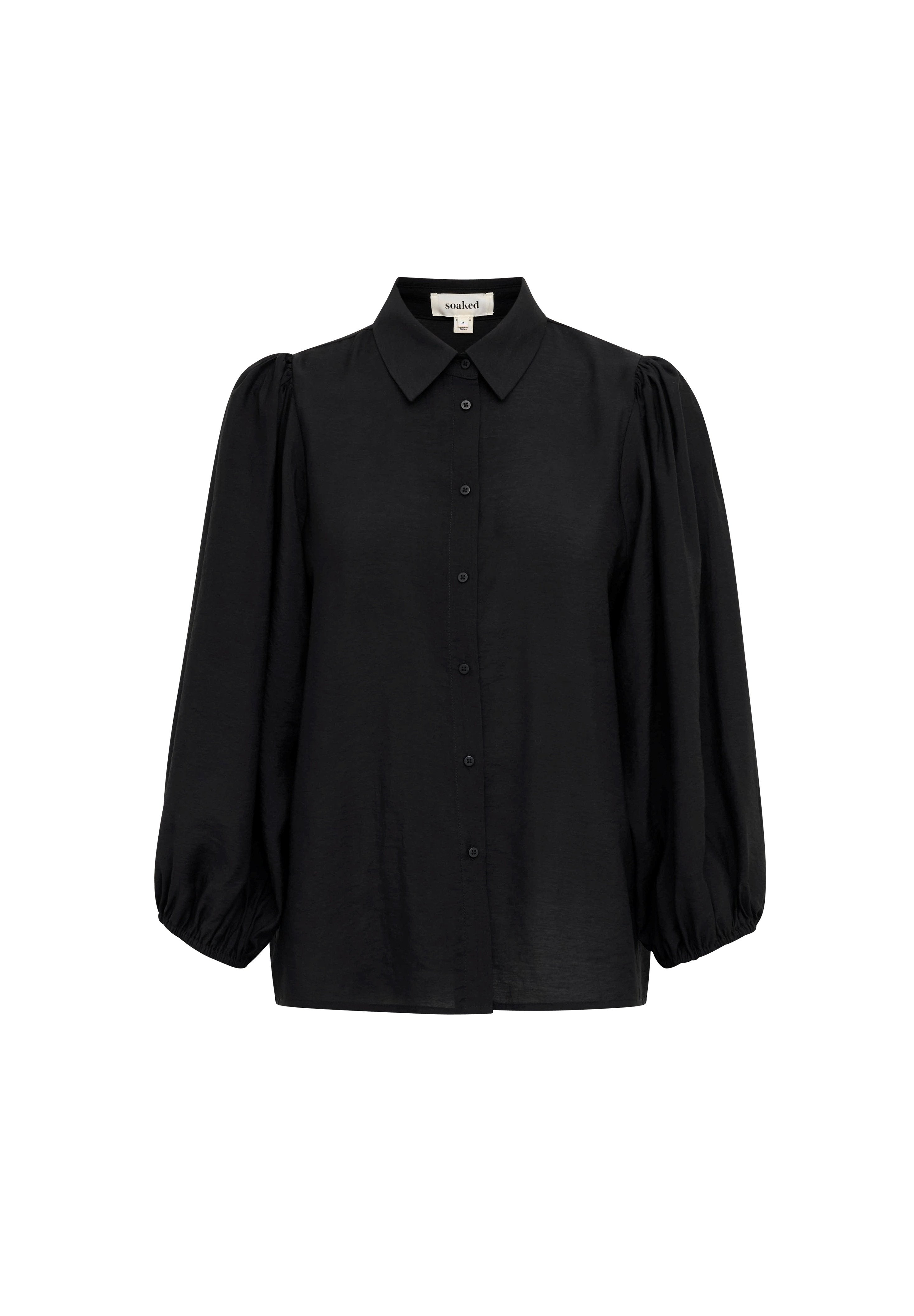 Schwarze Bluse mit Knopfleiste, Kragen, langen puffärmel und einer weichen Textur. Hat einen geraden Schnitt und einen subtilen Glanz.