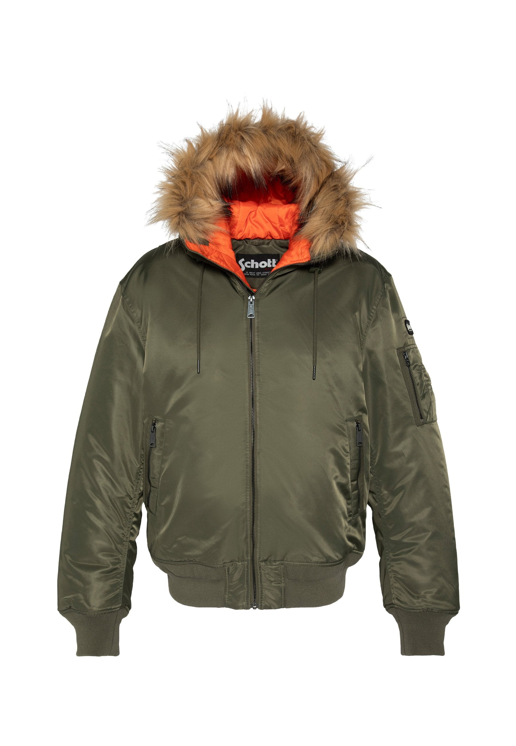 Olivgrüne Bomberjacke mit pelzbesetzter Kapuze, orangefarbenem Innenfutter, Frontreißverschluss und mehreren Taschen. Glatte, glänzende Stoffstruktur.