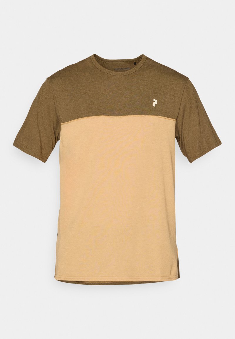 Kurzärmliges Color-Block-T-Shirt mit olivfarbenem oberen Teil, beigeunterem Teil, rundem Ausschnitt und kleinem weißen Logo auf der linken Brust.