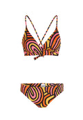 Das Bikini-Set zeichnet sich durch ein mehrfarbiges, abstraktes Wirbelmuster in Pink, Orange und Schwarz aus. Das Oberteil verfügt über verstellbare, gekreuzte Träger und eine Bindefront.