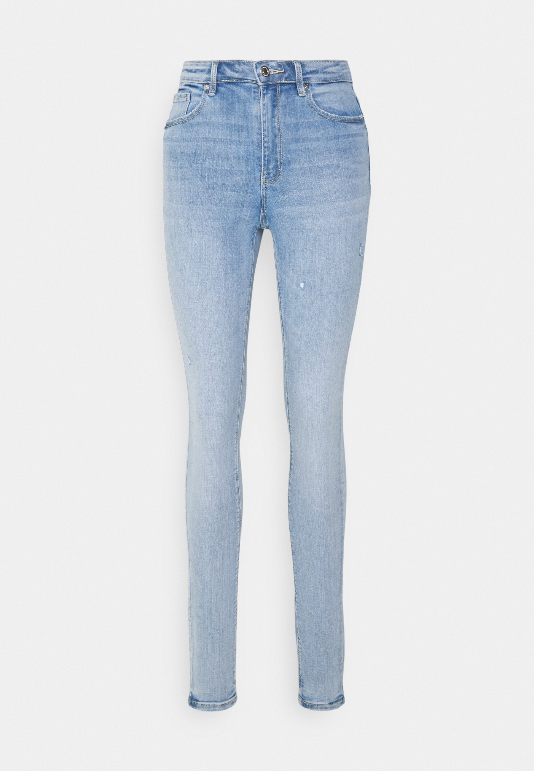 Hellblaue Skinny-Jeans aus Denim. Mit hoher Taille, Fünf-Taschen-Design, leichten Abnutzungserscheinungen an den Beinen und schmalen Beinöffnungen.