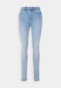 Hellblaue Skinny-Jeans aus Denim. Mit hoher Taille, Fünf-Taschen-Design, leichten Abnutzungserscheinungen an den Beinen und schmalen Beinöffnungen.
