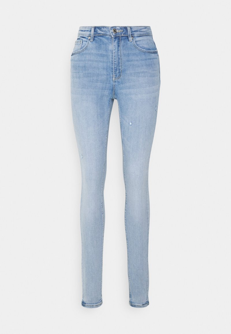 Hellblaue Skinny-Jeans aus Denim. Mit hoher Taille, Fünf-Taschen-Design, leichten Abnutzungserscheinungen an den Beinen und schmalen Beinöffnungen.