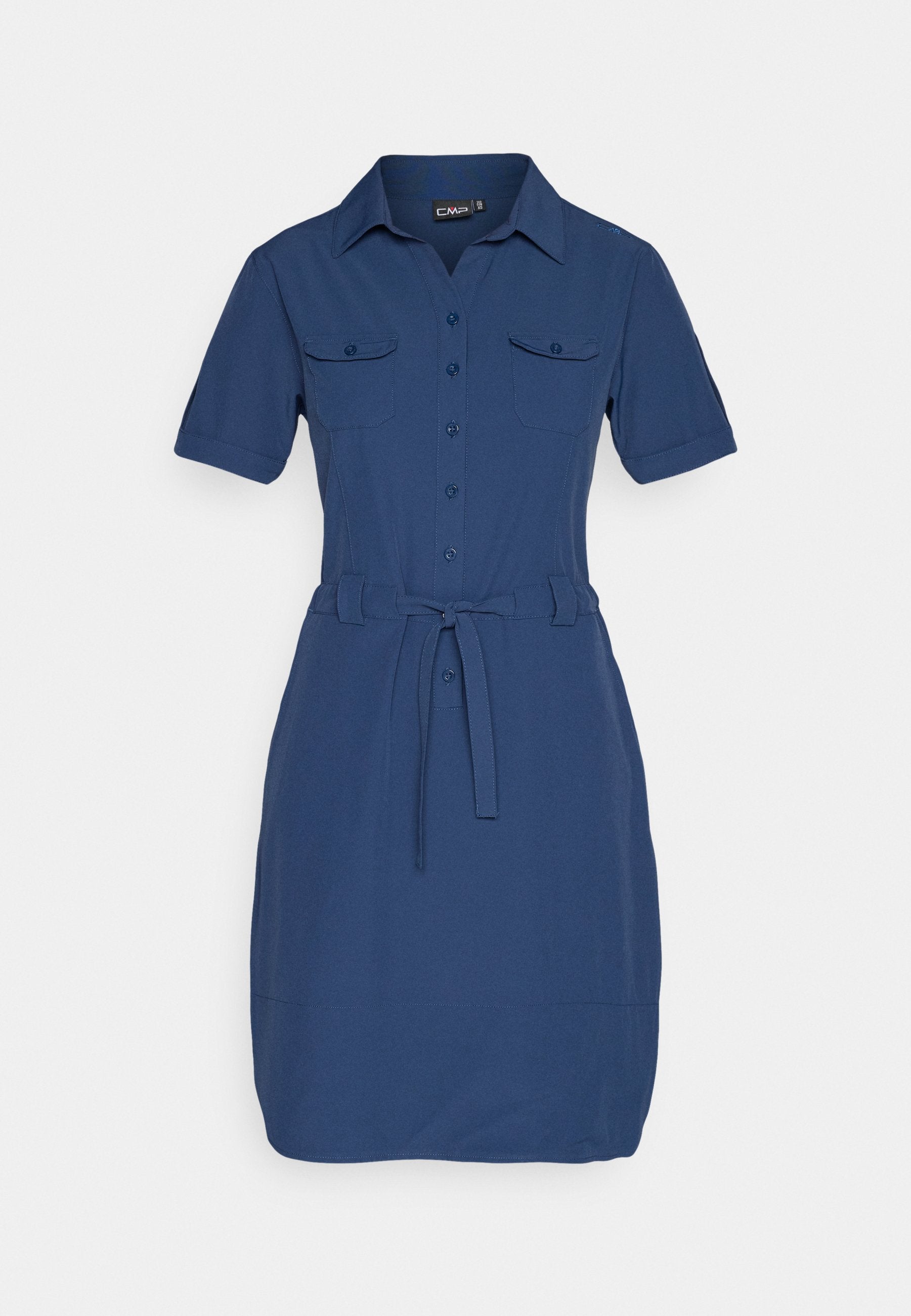 Marineblaue kurzärmelige Hemdkleid mit Knopfleiste vorne, zwei Brusttaschen, Kragen und Taillengürtel.