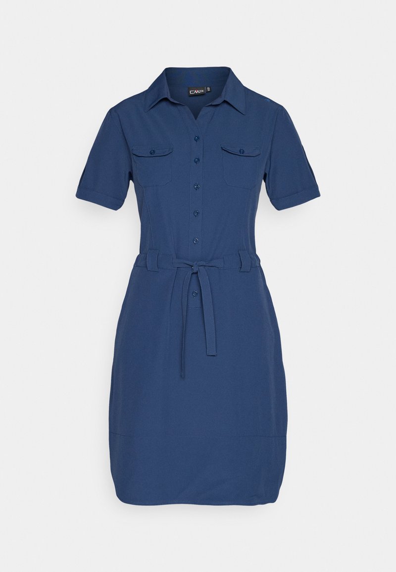 Marineblaue kurzärmelige Hemdkleid mit Knopfleiste vorne, zwei Brusttaschen, Kragen und Taillengürtel.