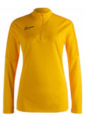 Nike Langarm-Pullover in kräftigem Gelb mit einem halbseitigen Reißverschluss am Hals, schwarzem Logo und orangefarbenen Akzenten an den Seiten. Glatte Stofftextur.