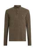 Langärmliges olivgrünes Poloshirt aus Baumwolle, mit Knopfleiste und kleinem gestickten Logo auf der Brust.