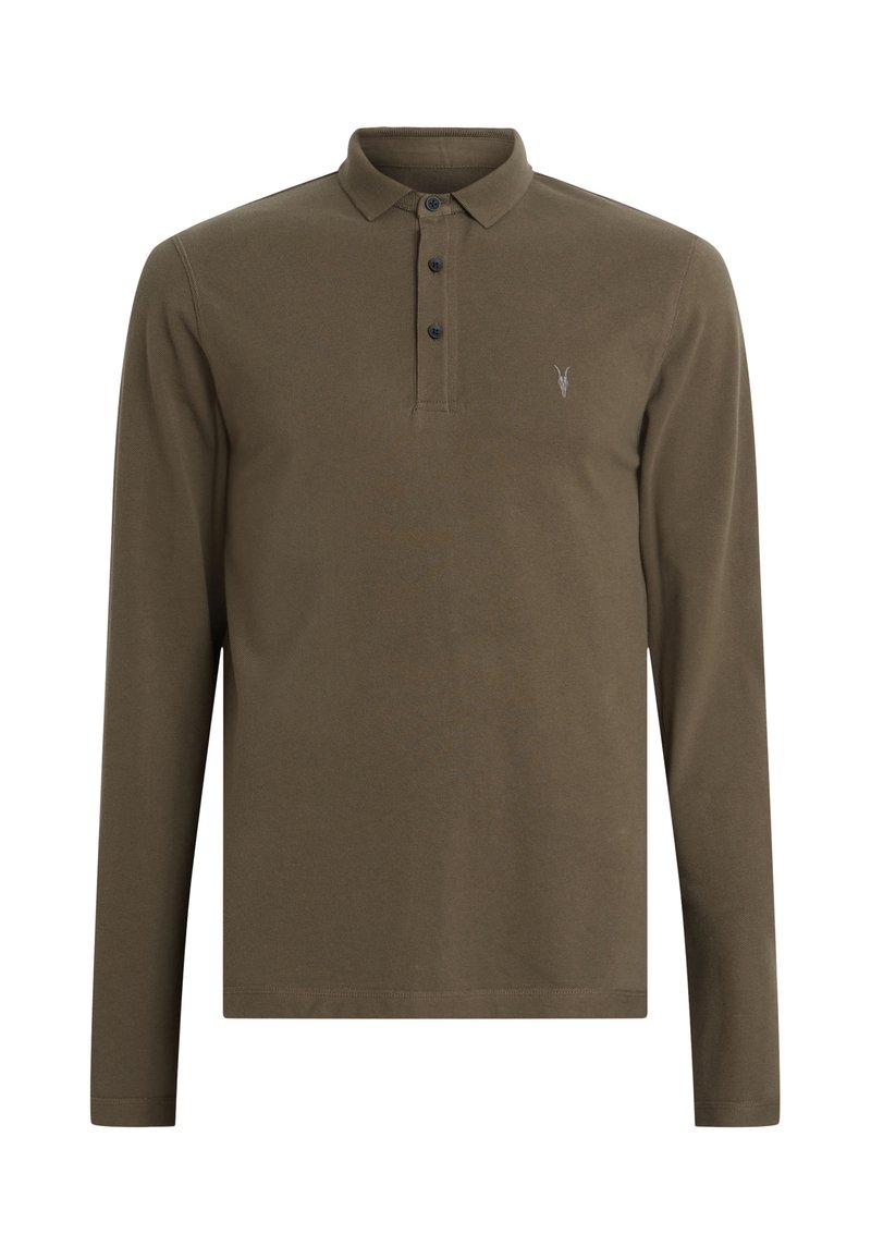 Langärmliges olivgrünes Poloshirt aus Baumwolle, mit Knopfleiste und kleinem gestickten Logo auf der Brust.