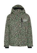 Grüne und schwarze Leopardenmuster-Jacke mit pinkfarbenen Akzenten, mit Kapuze, vorderer Reißverschlusstasche und elastischen Bündchen. Weiche, gepolsterte Textur.