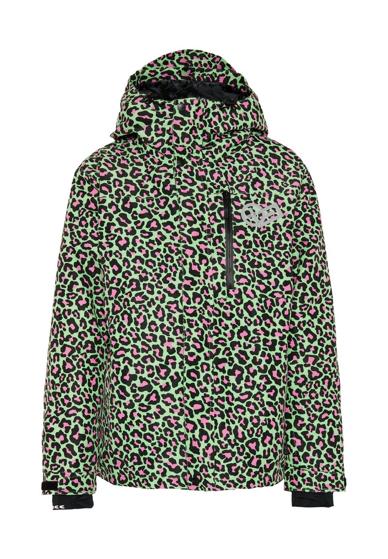 Grüne und schwarze Leopardenmuster-Jacke mit pinkfarbenen Akzenten, mit Kapuze, vorderer Reißverschlusstasche und elastischen Bündchen. Weiche, gepolsterte Textur.