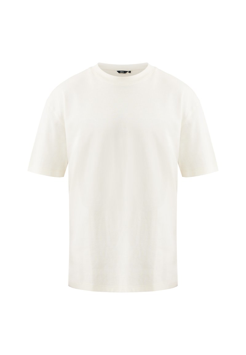 Weiße Baumwoll-T-Shirt mit kurzen Ärmeln, runden Halsausschnitt und lockerer Passform. Glatte Textur, keine Muster, minimale Designmerkmale.
