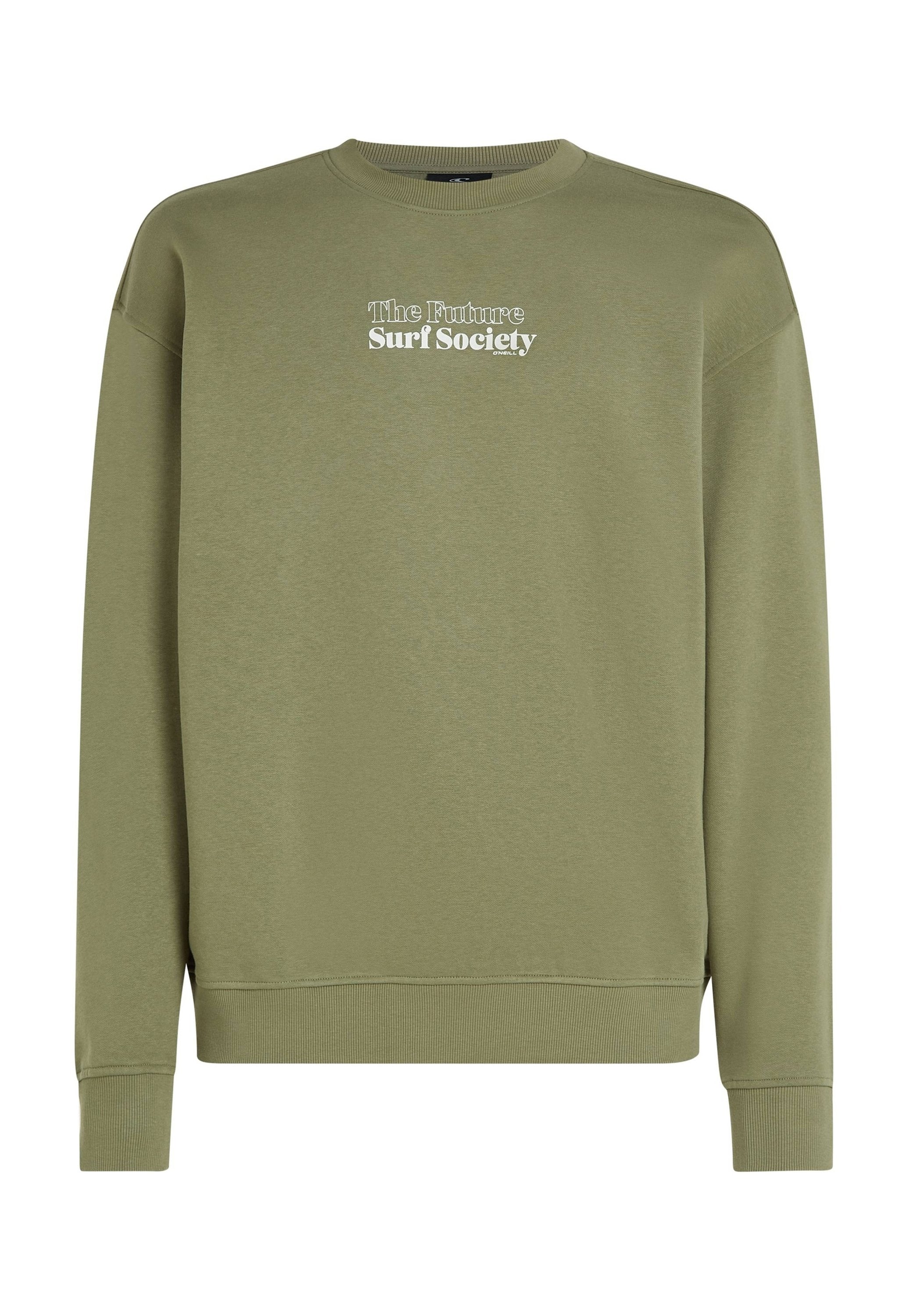 Olivgrüner Sweatshirt, Rundhalsausschnitt, gerippte Bündchen und Saum, mit weißem Text "The Future Surf Society" auf der Vorderseite. Weicher Stoff.