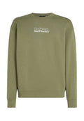 Olivgrüner Sweatshirt, Rundhalsausschnitt, gerippte Bündchen und Saum, mit weißem Text "The Future Surf Society" auf der Vorderseite. Weicher Stoff.