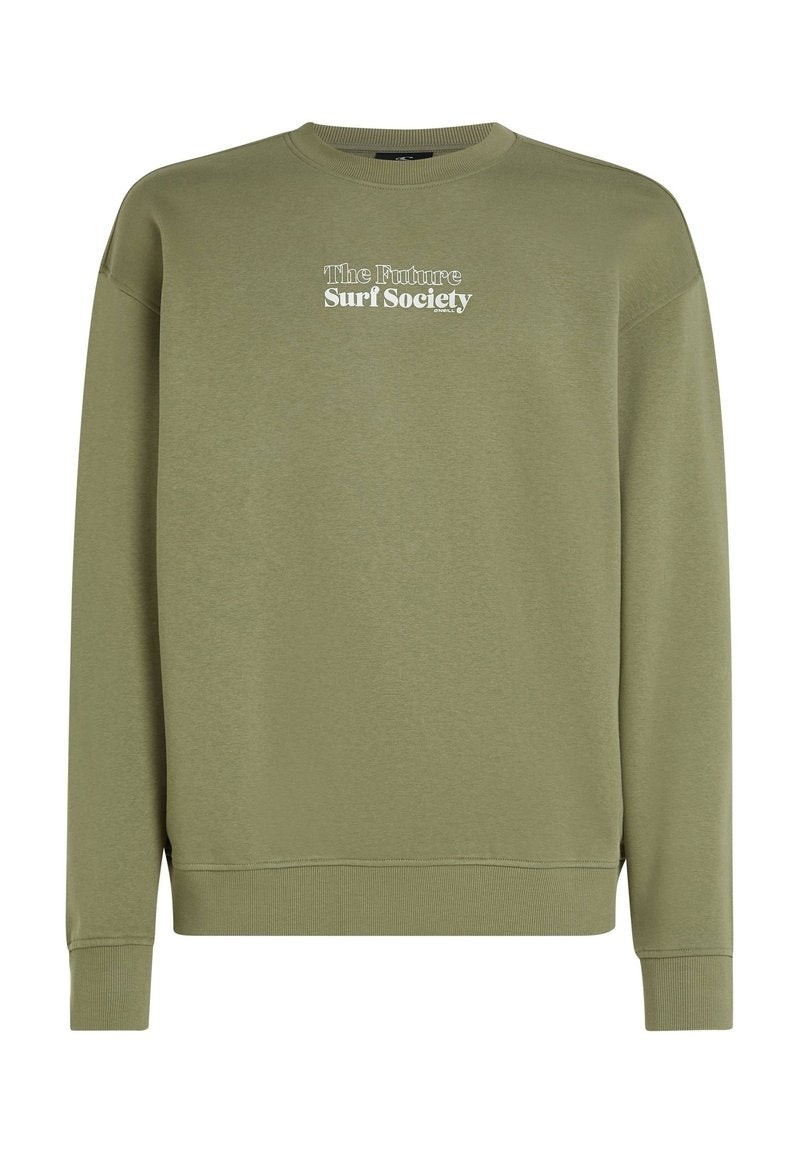 Olivgrüner Sweatshirt, Rundhalsausschnitt, gerippte Bündchen und Saum, mit weißem Text "The Future Surf Society" auf der Vorderseite. Weicher Stoff.