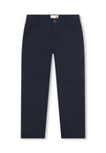 Navy-Hosen aus glattem Stoff mit geradem Bein, ausgestattet mit zwei Fronttaschen und einem Knopfverschluss. Maßgeschneiderter Look und Verarbeitung.