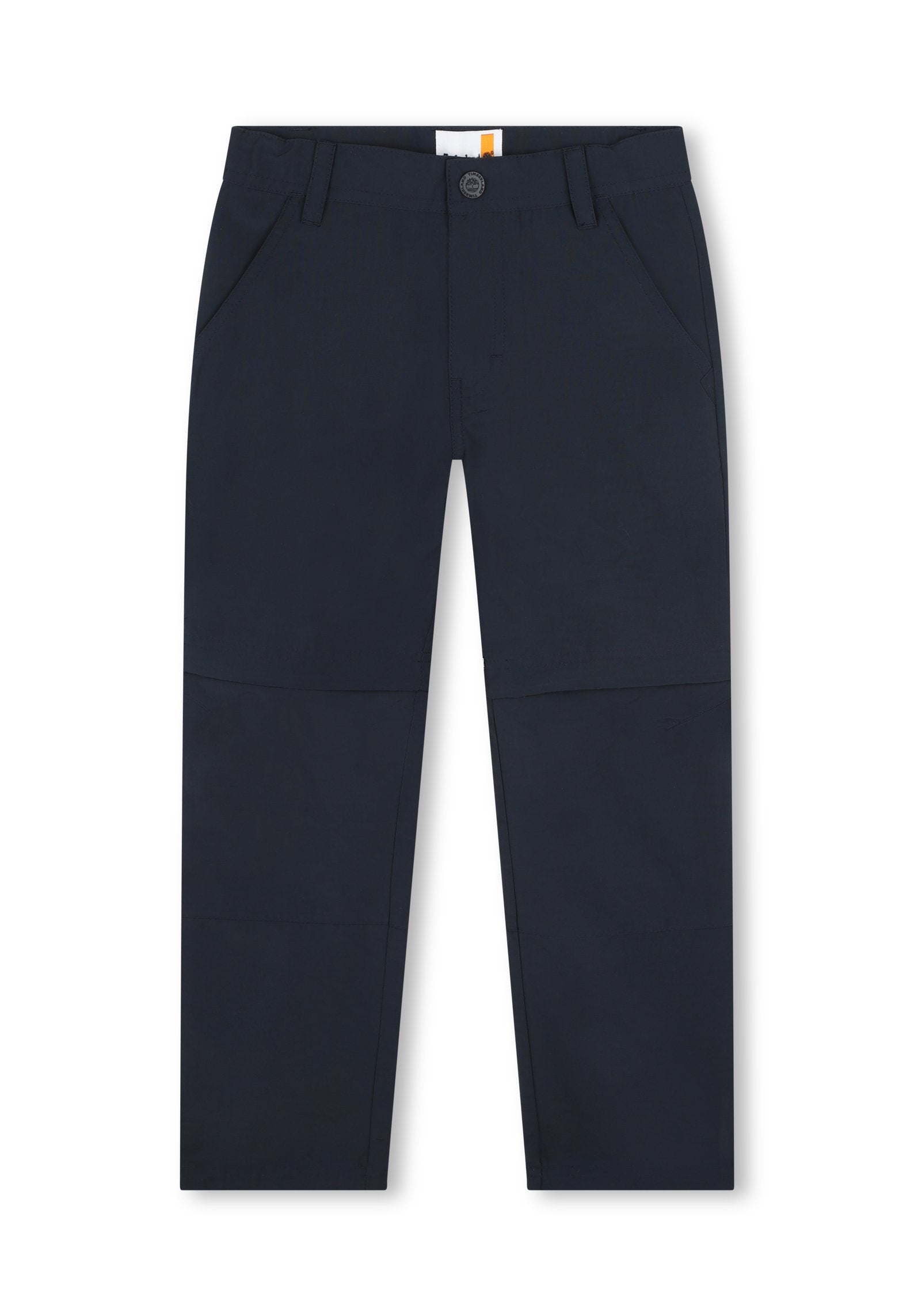 Navy-Hosen aus glattem Stoff mit geradem Bein, ausgestattet mit zwei Fronttaschen und einem Knopfverschluss. Maßgeschneiderter Look und Verarbeitung.