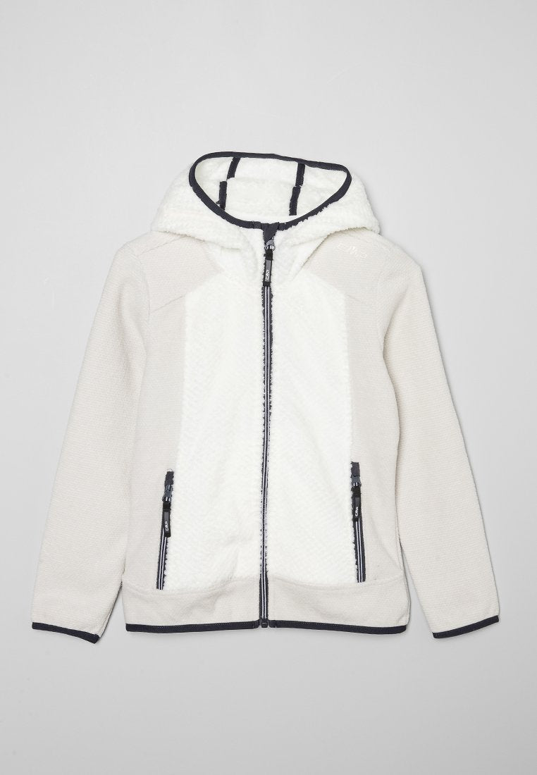 Fleecejacke in hellbeige mit einem strukturierten weißen Vorderpanel, Kapuze, Reißverschlusstaschen und marineblauen Akzenten an den Bündchen und dem Reißverschluss.