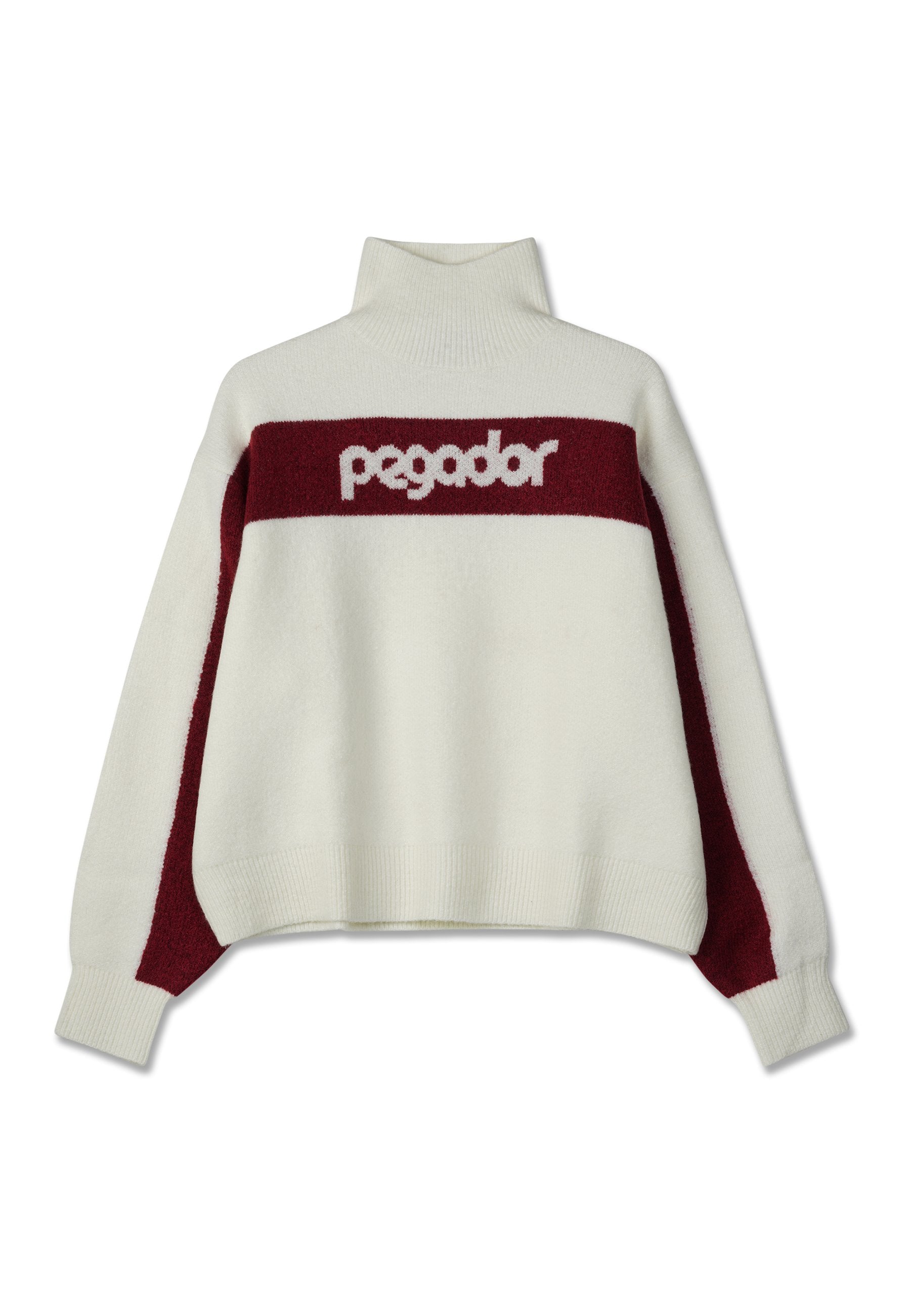 Weißer Strickpullover mit hohem Kragen, versehen mit einem maroonfarbenen horizontalen Streifen und dem weißen 'pegador'-Logo. Lockere Passform mit gerippten Bündchen.