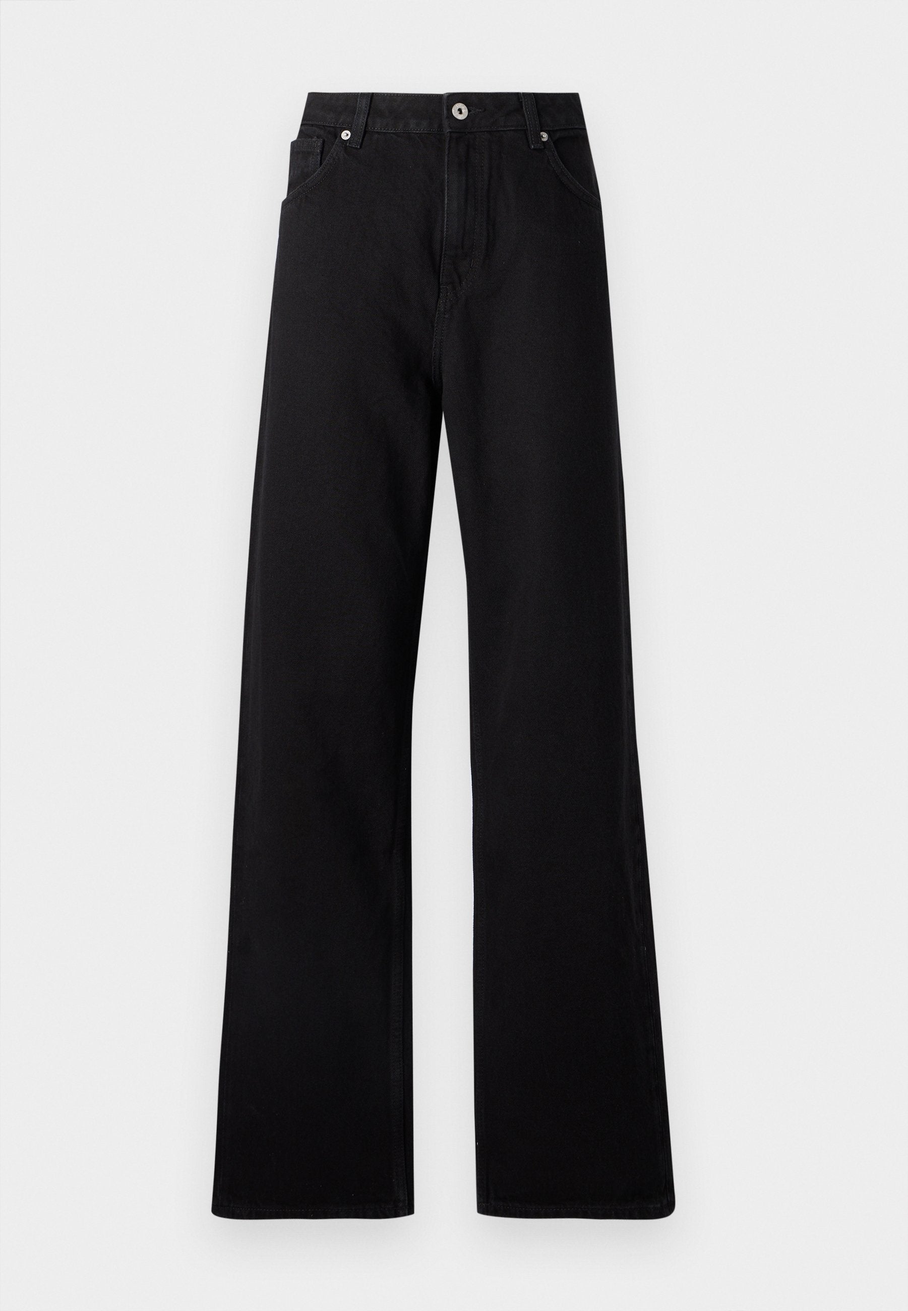 Schwarze weit geschnittene Jeans aus Denim mit einem Fünf-Taschen-Design, vorderem Knopfverschluss und dezenten Nähdetails.