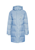 Helles blauer Pufferjacke mit hohem Kragen, Reißverschlussvorn Tasche und elastischen Bündchen. Verfügt über ein gestepptes Design und einen dezenten Glanz.