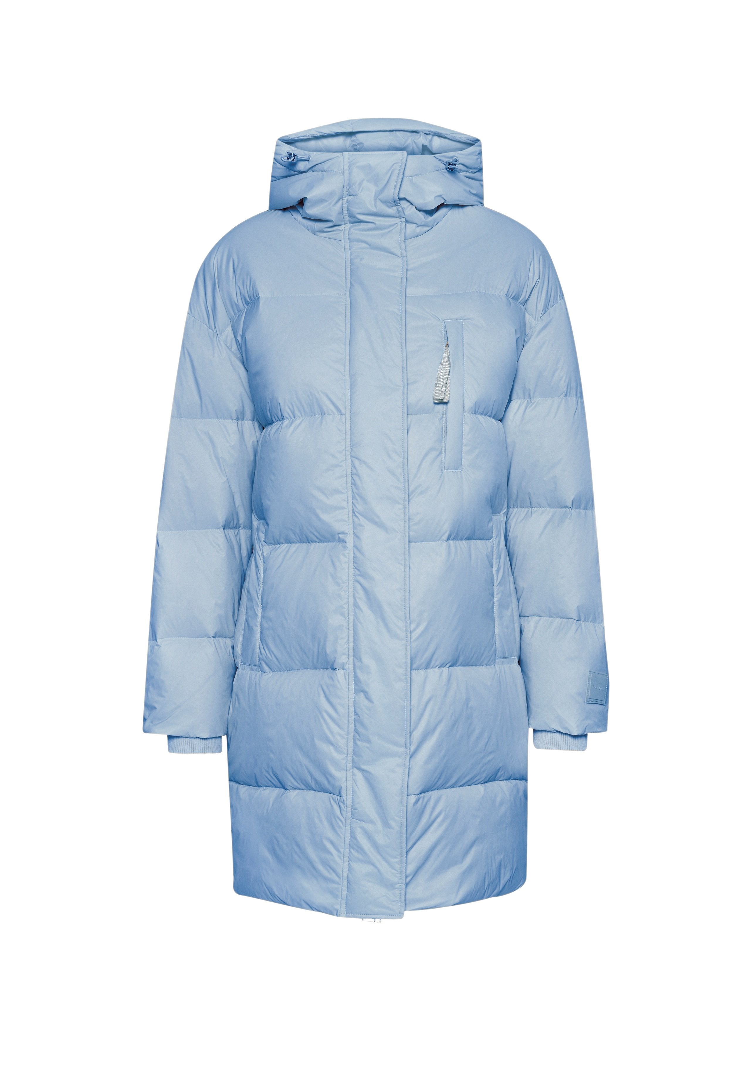 Helles blauer Pufferjacke mit hohem Kragen, Reißverschlussvorn Tasche und elastischen Bündchen. Verfügt über ein gestepptes Design und einen dezenten Glanz.