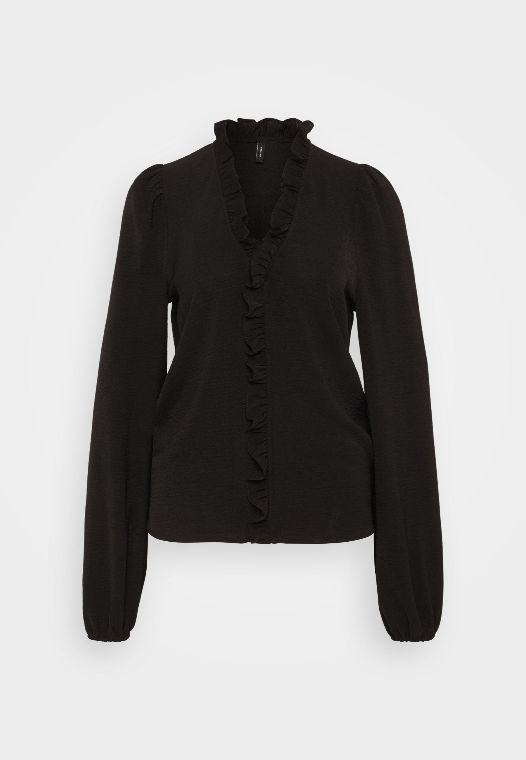 Schwarze Bluse mit langen Ärmeln und V-Ausschnitt, mit Rüschenfront, strukturiertem Stoff und taillierten Manschetten. Sie zeichnet sich durch ein weiches, leichtes Design aus.