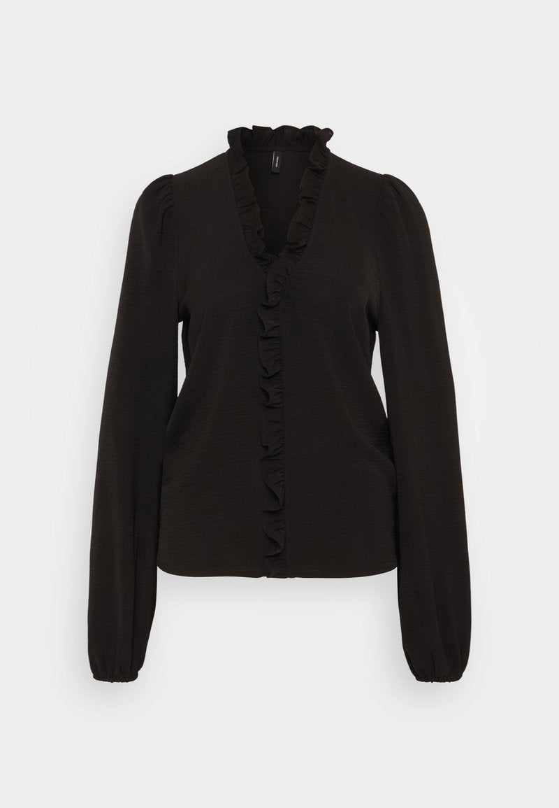 Schwarze Bluse mit langen Ärmeln und V-Ausschnitt, mit Rüschenfront, strukturiertem Stoff und taillierten Manschetten. Sie zeichnet sich durch ein weiches, leichtes Design aus.