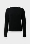 Schwarzer Strickpullover mit Rundhalsausschnitt, langen Ärmel und gerippten Säumen. Der Stoff wirkt weich mit einer glatten Textur.