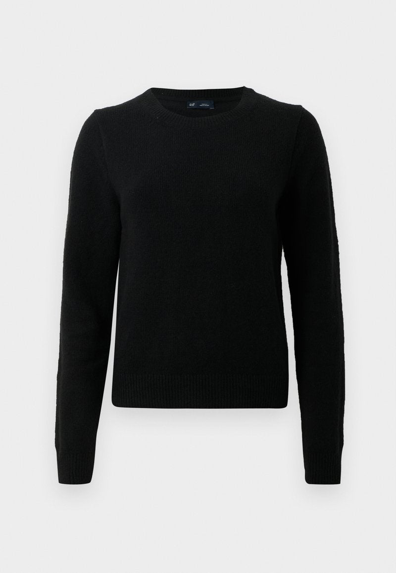 Schwarzer Strickpullover mit Rundhalsausschnitt, langen Ärmel und gerippten Säumen. Der Stoff wirkt weich mit einer glatten Textur.