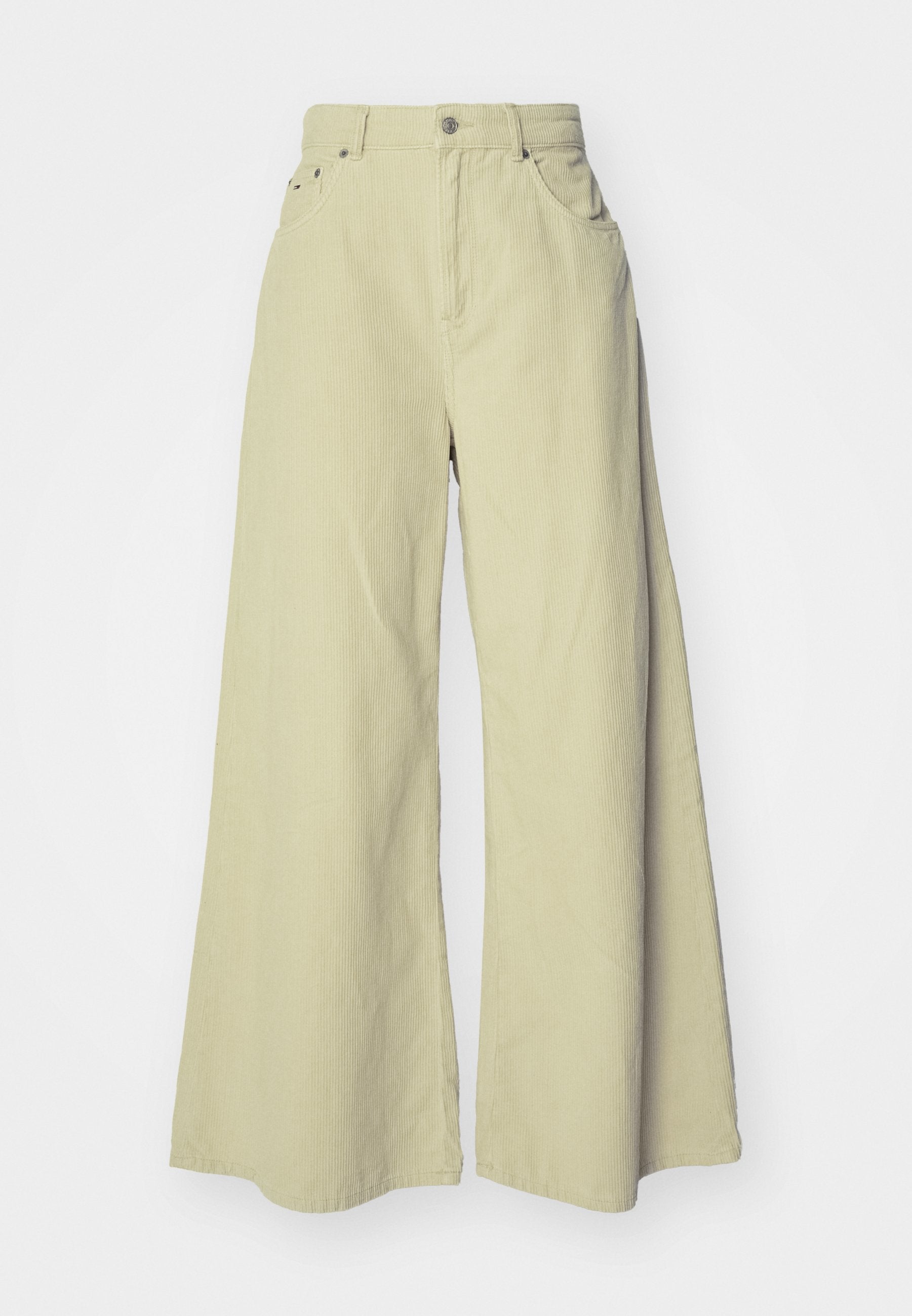 Weite corduroy-Hosen in Hellgrün, mit hoher Taille, zwei Fronttaschen, lockerer Passform und vertikaler Rippstruktur.