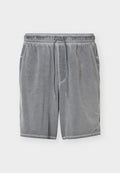 Graue Velour-Shorts mit elastischem Bund, Tunnelzug vorne, seitlichen Taschen und dezentem Nike-Logo am unteren linken Bein.