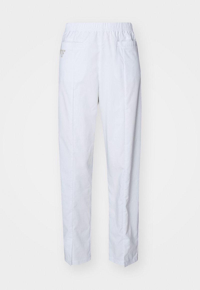 Weiße Hose aus glattem Stoff mit elastischem Bund, geradem Schnitt und zwei Gesäßtaschen. Minimalistisches Design ohne Muster.
