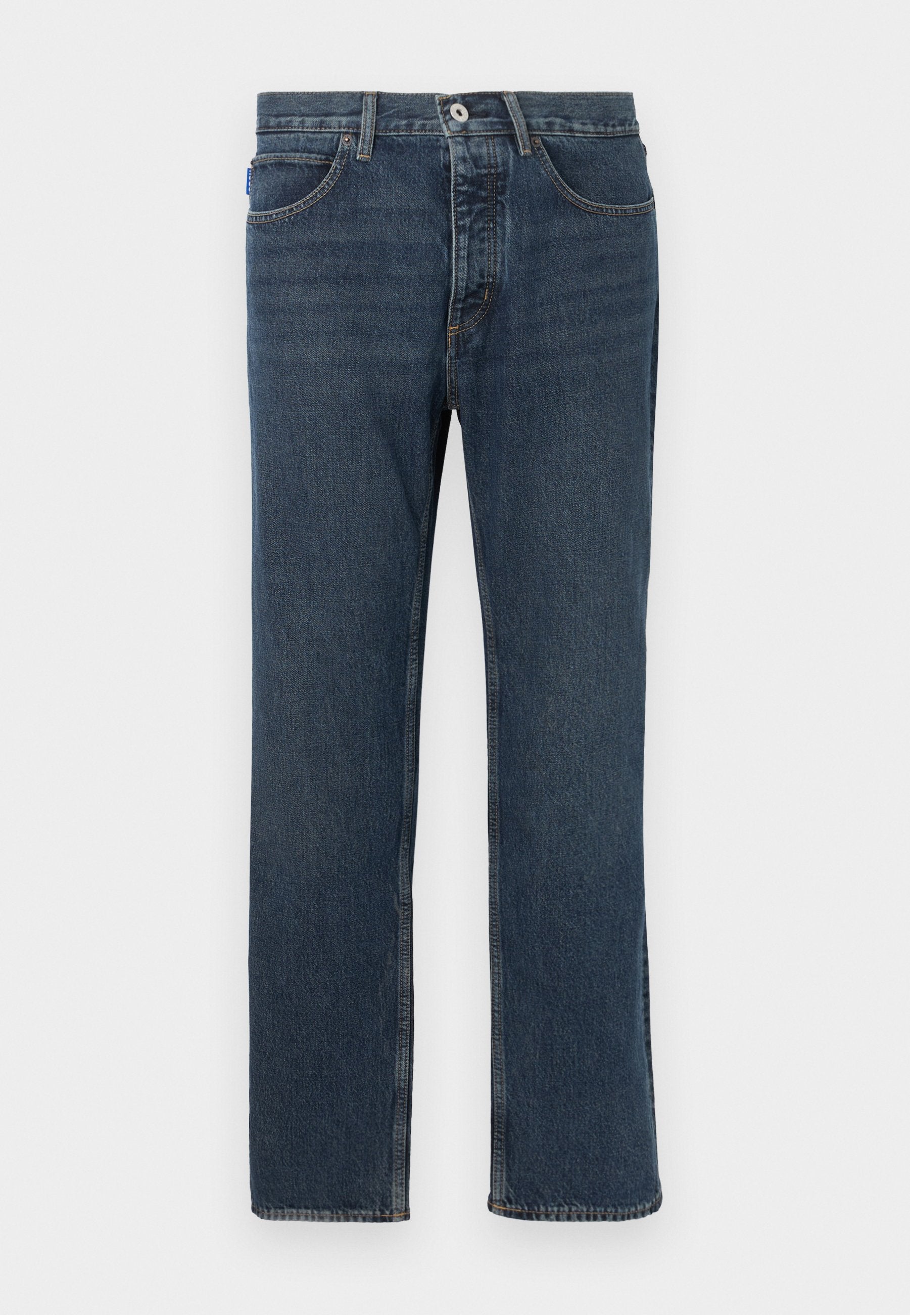 Dunkelblaue Denim-Jeans mit geradem Schnitt, fünf Taschen, einer Knopfverschluss und sichtbaren Nähten. Das Material ist texturiert und im klassischen Design gehalten.