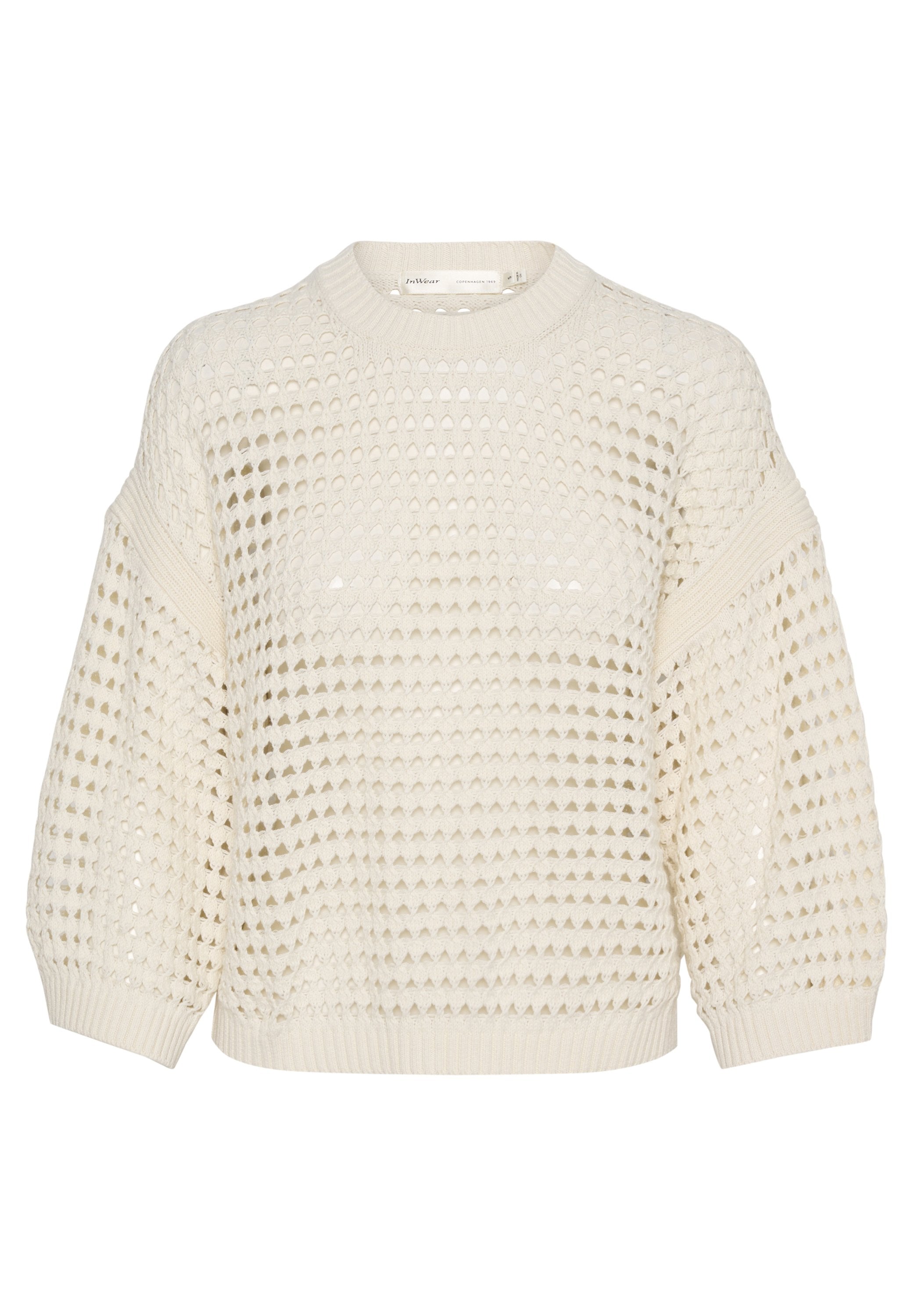 Strickpullover in Off-White mit einem strukturierten Diamantmuster, weiten Ärmeln sowie einem Rippenhalsausschnitt und Saum. Leichtes und atmungsaktives Design.