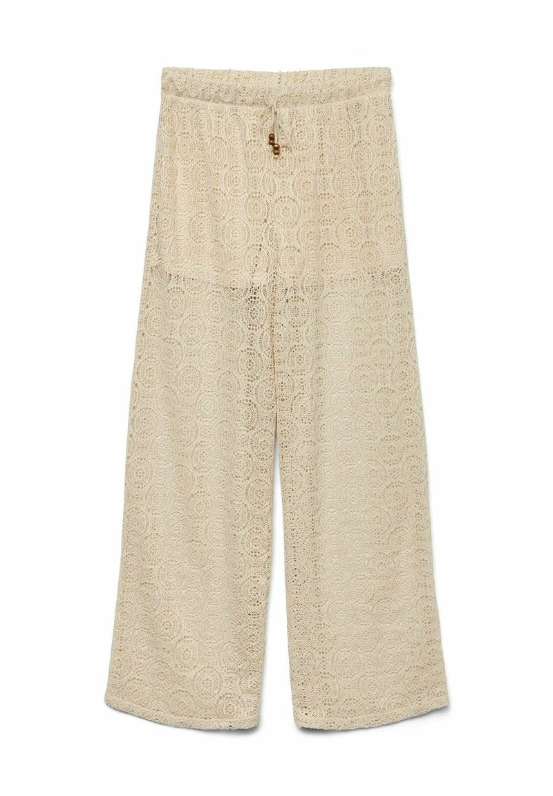 Spitzen-Culotte-Hosen in einem hellbeigen Farbton mit einem strukturierten, kreisförmigen Muster, ausgestattet mit einem elastischen Bund und einer Kordelzug-Verschluss.