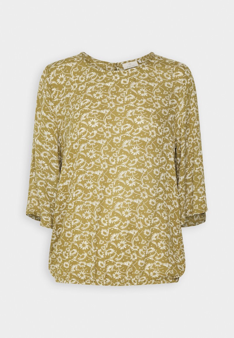 Senfgelbe Bluse mit weißem Blumenmuster, runder Ausschnitt, Dreiviertelärmel und lockerer Passform. Weicher, leichter Stoff.