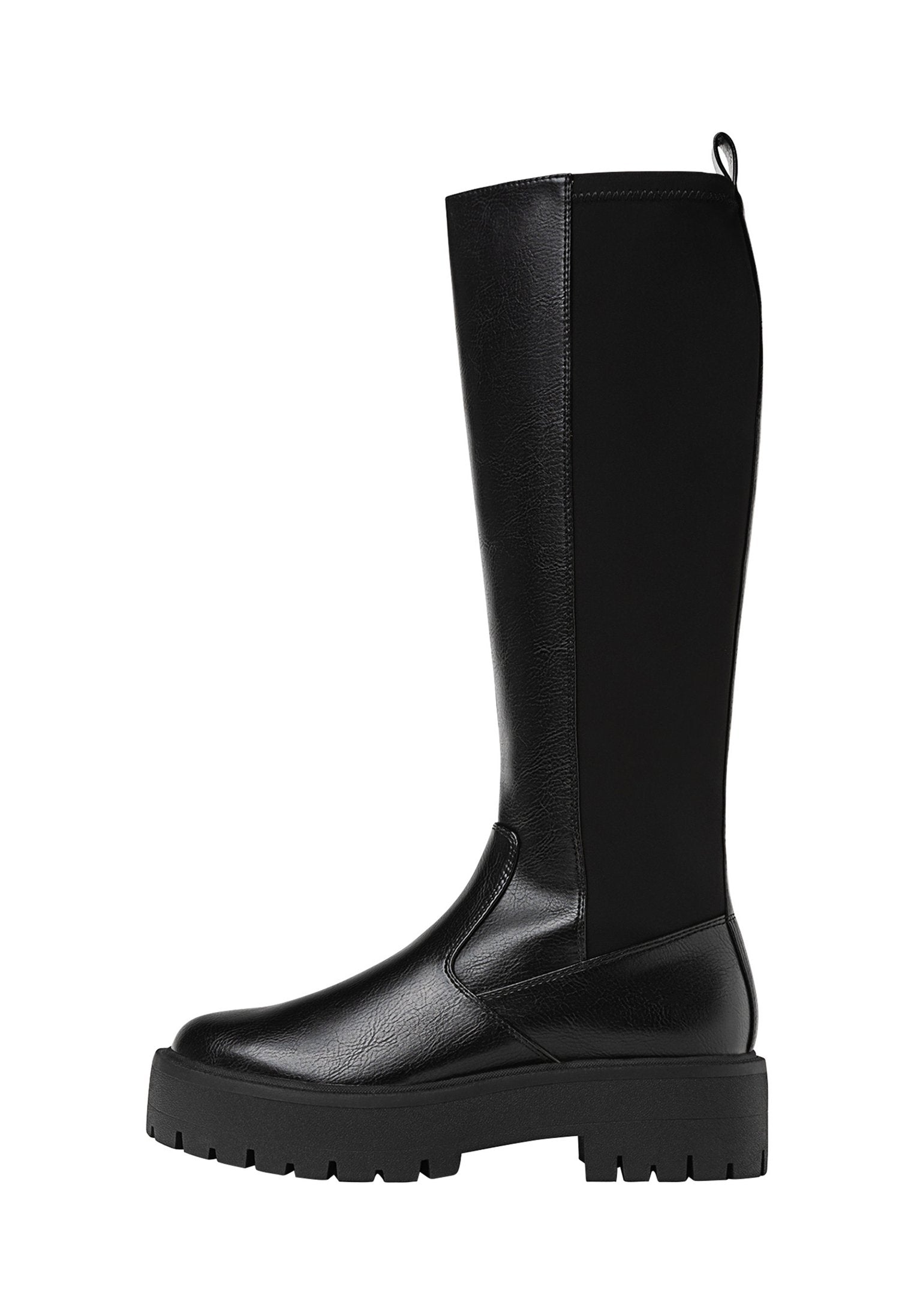 Knöchellange schwarze Synthetikstiefel mit einer glatten, strukturierten Oberfläche und einer robusten Gummisohle. Mit einer Zuglasche auf der Rückseite für leichtes Anziehen.