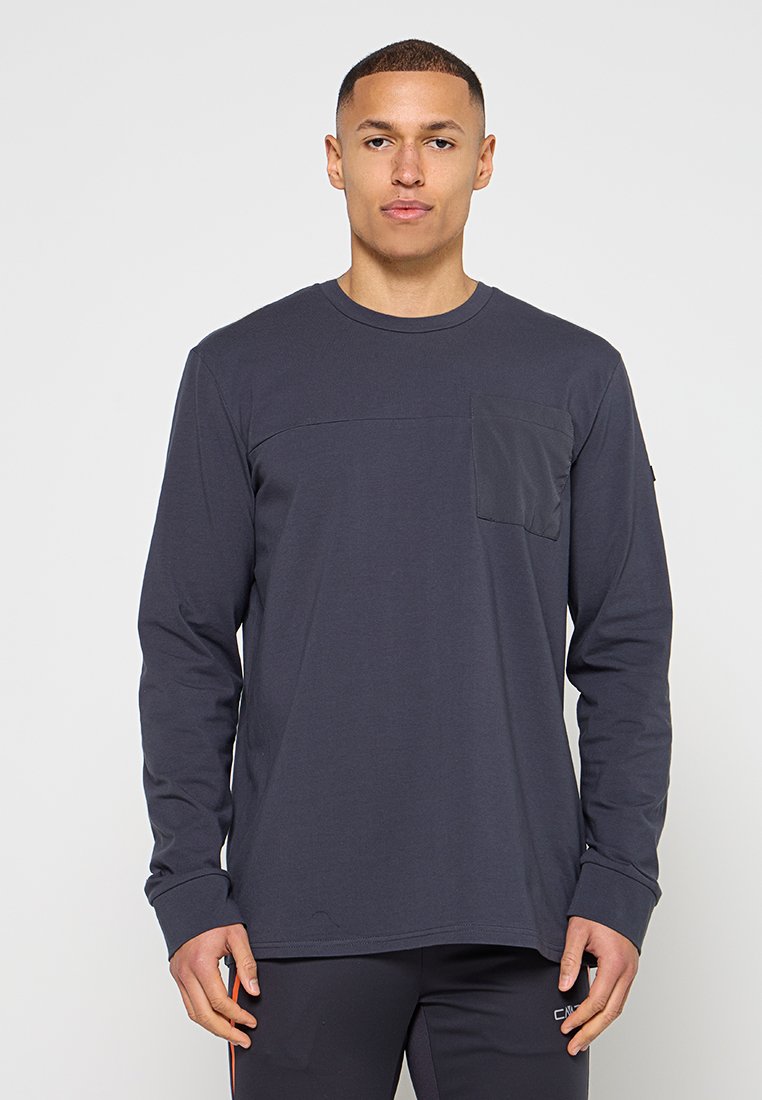 Langärmeliges T-Shirt mit Rundhalsausschnitt aus dunkelblauem Baumwollstoff, vorne mit einer Brusttasche und glatter Textur. Schlichtes, einfaches Design ohne Muster.