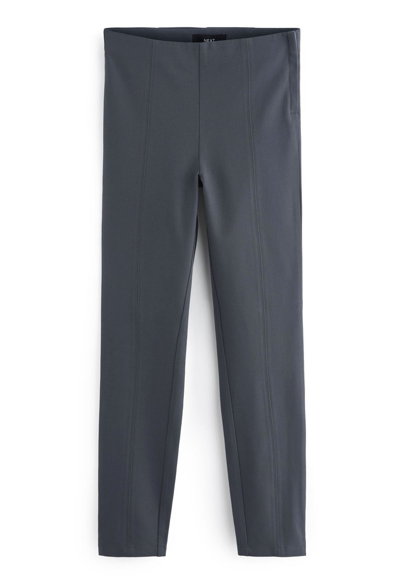 Graue Leggings aus einem glatten, dehnbaren Stoff. Mit vertikalen Nahtdetails und einem hohen Bund, entworfen für eine körperbetonte Silhouette.