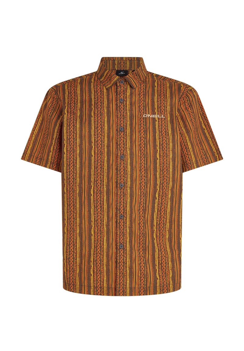 Kurzarmhemd in Braun, Orange und Gelb mit vertikalem Streifenmuster. Verfügt über einen Button-Down-Kragen und ein Logo auf der Brust.