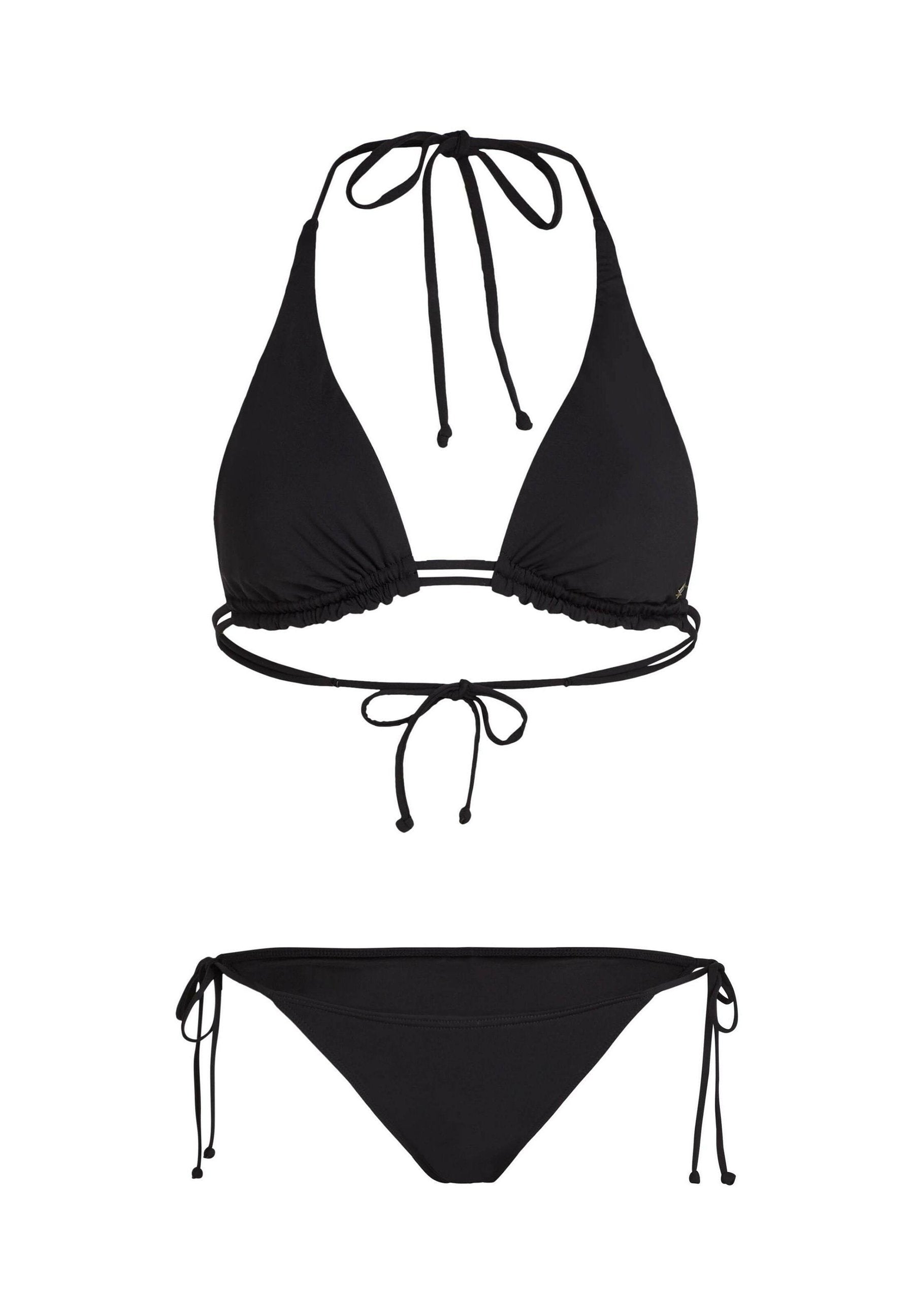 Schwarzes Bikini-Set mit einem dreieckigen Oberteil mit verstellbaren Bändern und einem passenden Unterteil mit seitlichen Schnürungen, gefertigt aus glattem, elastischem Material.