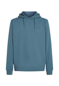 Kapuzensweatshirt aus weichem, strukturiertem blauen Stoff. Mit Kordelzügen, einem Fronttaschenbereich und einem kleinen Logo auf der Brust.