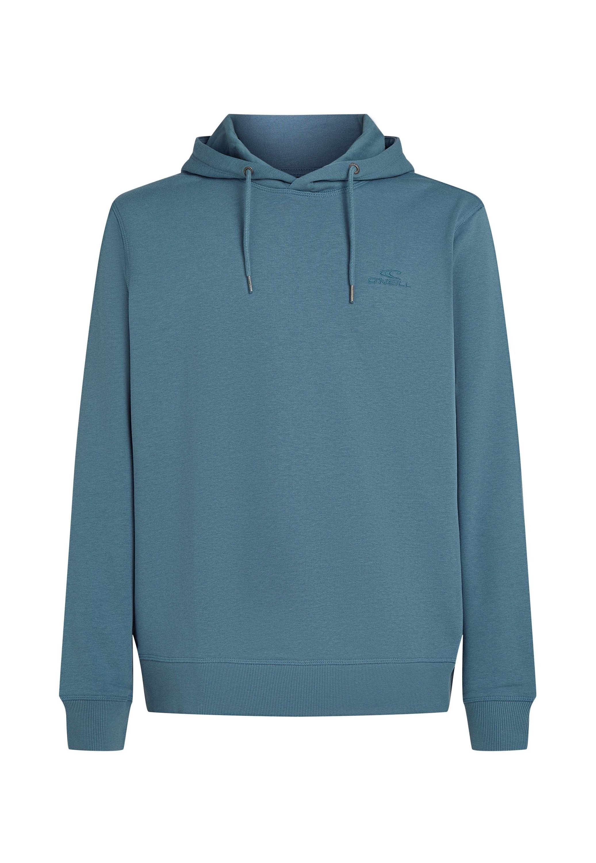Kapuzensweatshirt aus weichem, strukturiertem blauen Stoff. Mit Kordelzügen, einem Fronttaschenbereich und einem kleinen Logo auf der Brust.