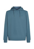 Kapuzensweatshirt aus weichem, strukturiertem blauen Stoff. Mit Kordelzügen, einem Fronttaschenbereich und einem kleinen Logo auf der Brust.